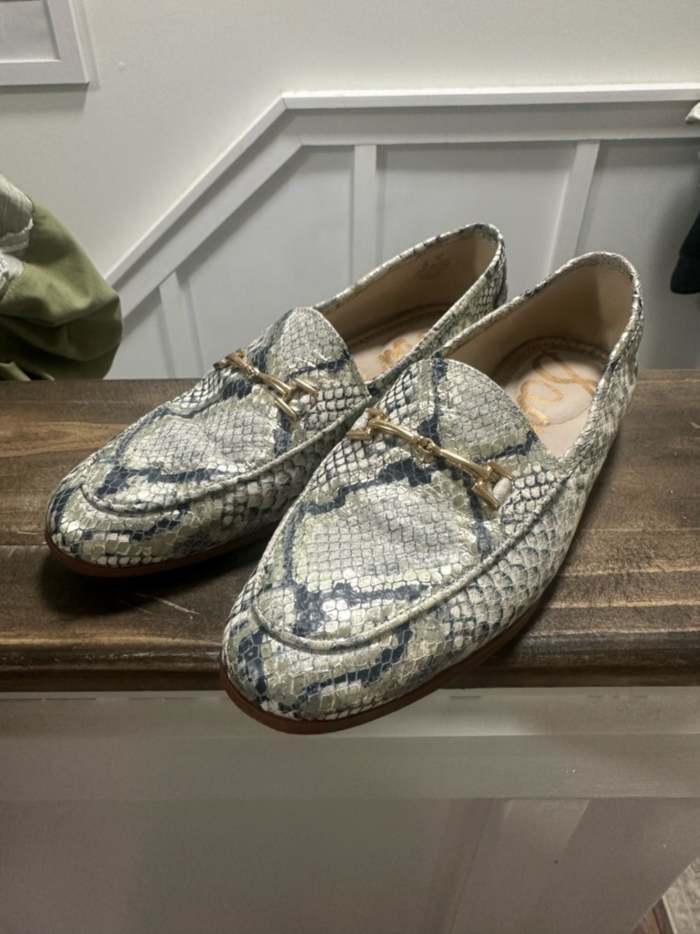 Sam Edelman Snake-Print Loafers with Gold Chain - Cream/Gray